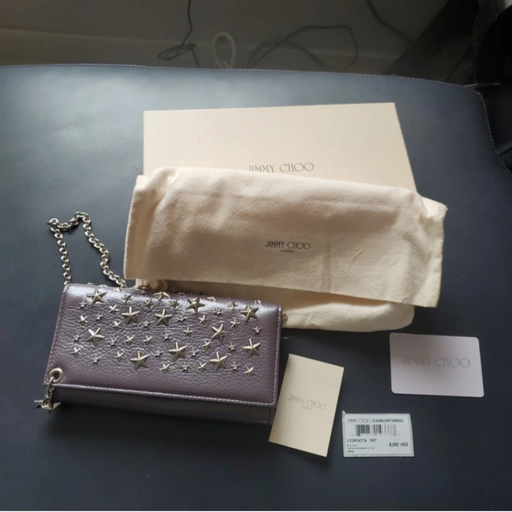 NWT Jimmy Choo Metallic Mauve Clutch Wallet On A Chain